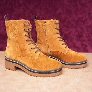 Tory Burch Women Miller T Logo Camel Suede Lace-Up Chunky Combat Boots sz 8M