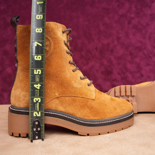Tory Burch Women Miller T Logo Camel Suede Lace-Up Chunky Combat Boots sz 8M
