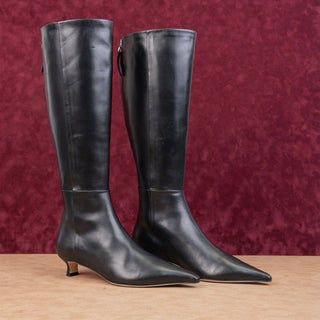 Aeyde Women Rhea Chiseled Black Leather Back Zipper Knee Boots sz 7US EUR38