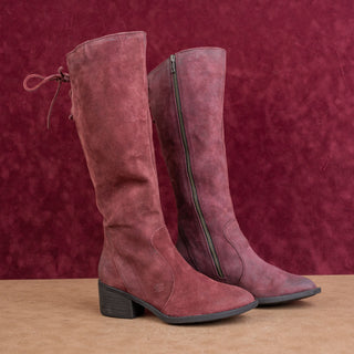 Born Women Distress Burgundy Leather Back Tie Zip Riding Knee Boots sz 6.5