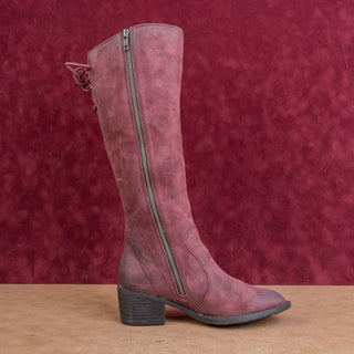 Born Women Distress Burgundy Leather Back Tie Zip Riding Knee Boots sz 6.5