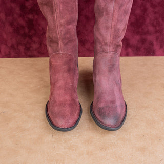 Born Women Distress Burgundy Leather Back Tie Zip Riding Knee Boots sz 6.5