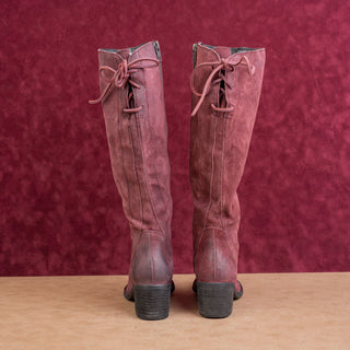 Born Women Distress Burgundy Leather Back Tie Zip Riding Knee Boots sz 6.5