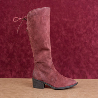 Born Women Distress Burgundy Leather Back Tie Zip Riding Knee Boots sz 6.5
