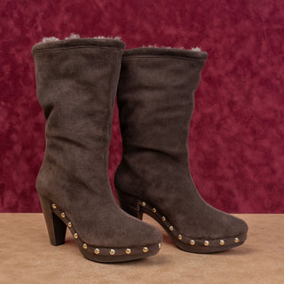 Michael Kors Women Brown Suede Studded Top Lace Fleece Lined Mid Boots sz 6.5