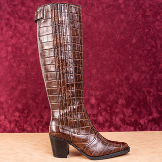 Ganni Women Croc Print Brown Leather Western Tall Fashion Boots sz 7.5US EUR38