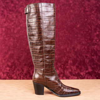 Ganni Women Croc Print Brown Leather Western Tall Fashion Boots sz 7.5US EUR38