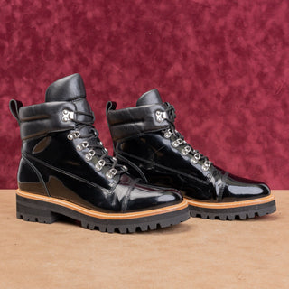 Marc Fisher Women Linka Black Lace-up Patent Leather Combat Platform Boots sz 11
