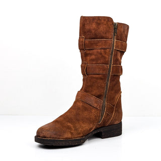 Born Women Crof Brown Suede Moto Biker Buckle Boots size 8.5 EUR 39