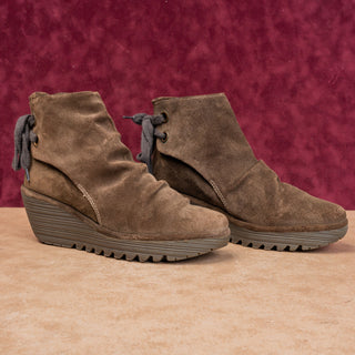 Fly London Wmn Yama Green Suede Back Lace-up Wedge Boots 10US EUR 40