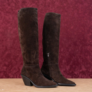 AGL Women Dark Brown Suede Western Cowboy Block Heel Pointy Boots 6.5US EUR37