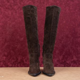 AGL Women Dark Brown Suede Western Cowboy Block Heel Pointy Boots 6.5US EUR37