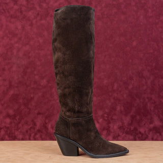 AGL Women Dark Brown Suede Western Cowboy Block Heel Pointy Boots 6.5US EUR37