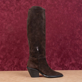 AGL Women Dark Brown Suede Western Cowboy Block Heel Pointy Boots 6.5US EUR37