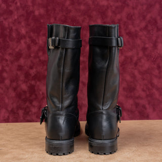 Lafayette 148 Women Black Leather Moto Festival Party Slip-on Boots 9US EUR39.5