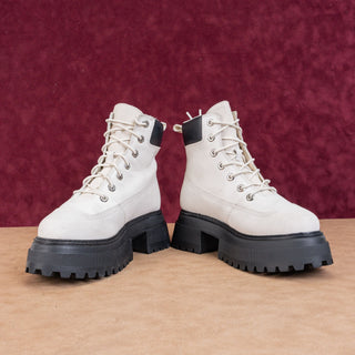 Timberland Women White Nubuck Stompers 6 Sky High Platform Boots sz 8