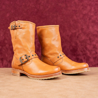 Frye Wmn Veronica Short Moto Biker Slip-on Cognac Leather Buckle Mid Boots sz 7