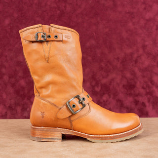 Frye Wmn Veronica Short Moto Biker Slip-on Cognac Leather Buckle Mid Boots sz 7
