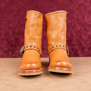 Frye Wmn Veronica Short Moto Biker Slip-on Cognac Leather Buckle Mid Boots sz 7