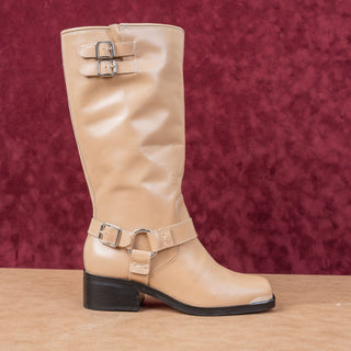 Dolce Vita Women Evi Tan Leather Moto Biker Metal Harness Boots sz 8.5