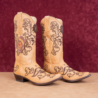 Los Altos Wmn Rhinestones Light Brown Leather Snip Boho Western Cowboy Boots 9.5