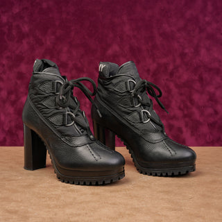 Tommy Hilfiger Women Lace-up Black Leather Fabric Heel Duck Boots 7.5US EUR38