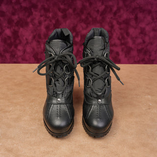 Tommy Hilfiger Women Lace-up Black Leather Fabric Heel Duck Boots 7.5US EUR38