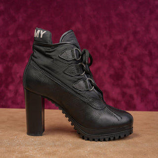 Tommy Hilfiger Women Lace-up Black Leather Fabric Heel Duck Boots 7.5US EUR38