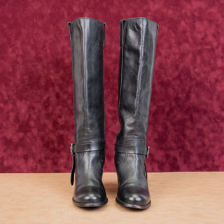 Frye Women Malor Black Leather Western Belted Fashion Knee Boots sz 7.5