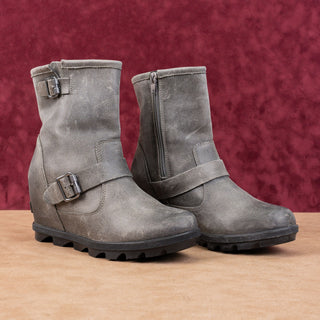 Sorel Wmn Joan Of Artic Wedge II Zip Grey Moto Biker Zip Lug Ankle Boots sz 7.5