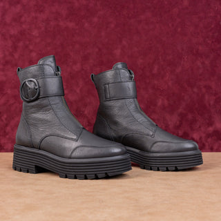 Paul Green Women Palani Black Leather Front Zip Festival Party Boots 7US UK4.5