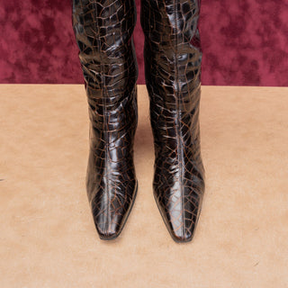 Stuart Weitzman Women Vintage Y2K Croc Print Brown Leather Zip Knee Boots sz 8