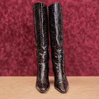 Stuart Weitzman Women Vintage Y2K Croc Print Brown Leather Zip Knee Boots sz 8