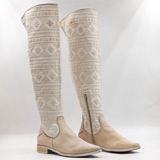 Free People Women Bren Textile Ivory Leather Western Slouch Boots sz 7US EUR 37