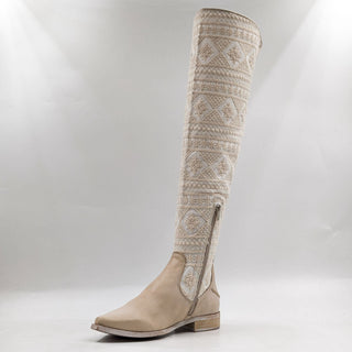 Free People Women Bren Textile Ivory Leather Western Slouch Boots sz 7US EUR 37