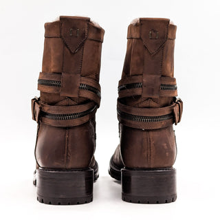 Ross&Snow Women Cristiana Brown Leather Shearling Buckle Moto Boots size 8