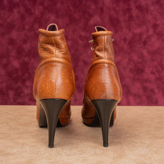 Sportmax Women Brown Grain Leather Lace-up Granny Heel Ankle Boots 8.5US EUR39