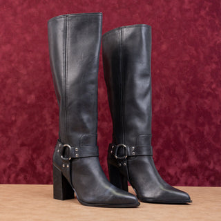 Steve Madden Women Lolly Black Leather Harness Moto Pointy toe Knee Boots sz 6