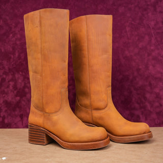 Jeffrey Campbell Women Tan Leather Boho Cottage Camp Slip-on Knee Boots sz 11