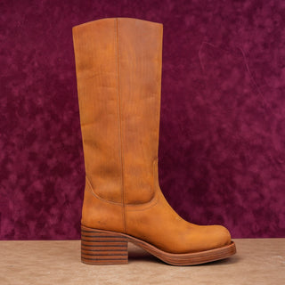 Jeffrey Campbell Women Tan Leather Boho Cottage Camp Slip-on Knee Boots sz 11