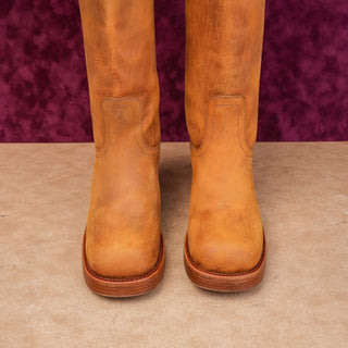 Jeffrey Campbell Women Tan Leather Boho Cottage Camp Slip-on Knee Boots sz 11