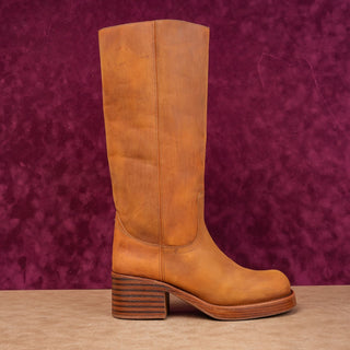 Jeffrey Campbell Women Tan Leather Boho Cottage Camp Slip-on Knee Boots sz 11