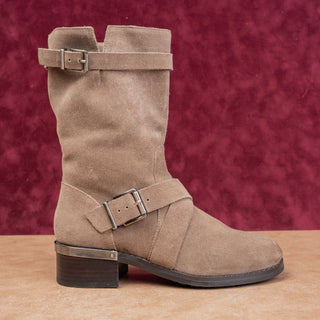 Vince Camuto Women Taupe Suede Moto Festival Party Mid calf Zip Boots sz 6.5