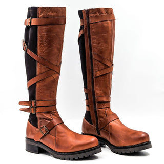 Miz Mooz Wmn Peri Brown Leather Strap Elastic Moto Biker Boots 10-10.5US EUR 41