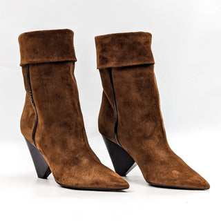 Saint Laurent Niki 85mm Brown Suede Logo Heel Ankle Fold Boots 9US EUR39.5