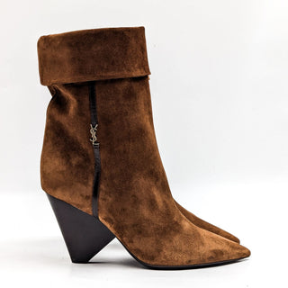 Saint Laurent Niki 85mm Brown Suede Logo Heel Ankle Fold Boots 9US EUR39.5