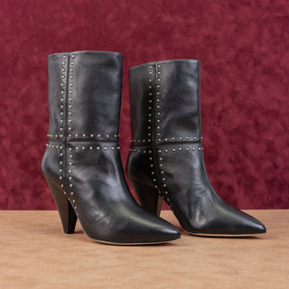 Avec Les Filles Women Ada Studded Black Leather Pointy Toe Ankle Boots sz 7