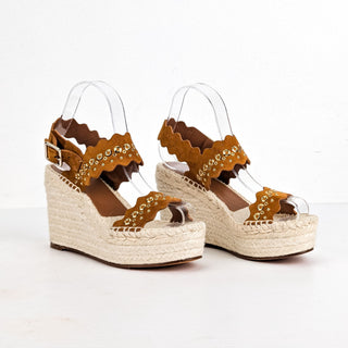 Chloe Wmn Lauren Grommet Brown Suede Espedrille Platform Wedges 6US EUR36