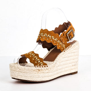 Chloe Wmn Lauren Grommet Brown Suede Espedrille Platform Wedges 6US EUR36