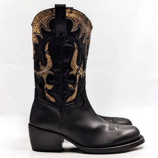 Dries Van Noten Men Black Snake Print Leather Cowboy Western Boots size 10US EUR43